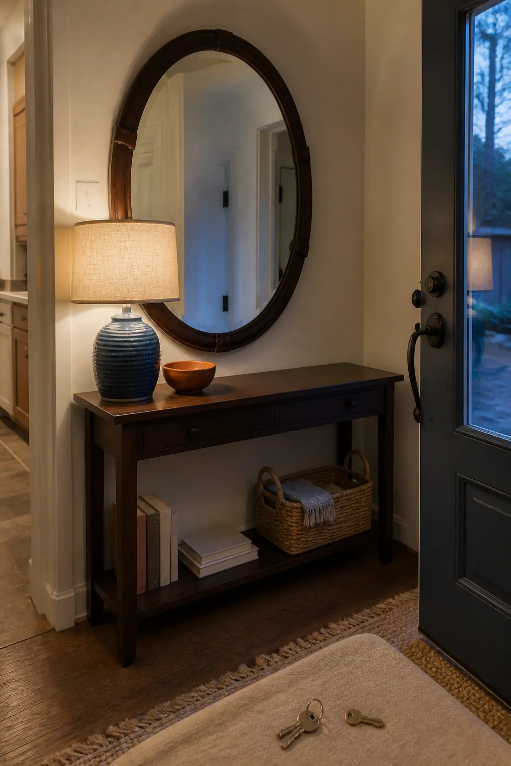 Entryway mirror layered behind a textured console lamp