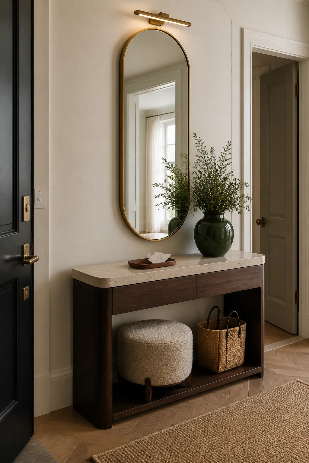 Brushed brass pill mirror above an elegant entryway console