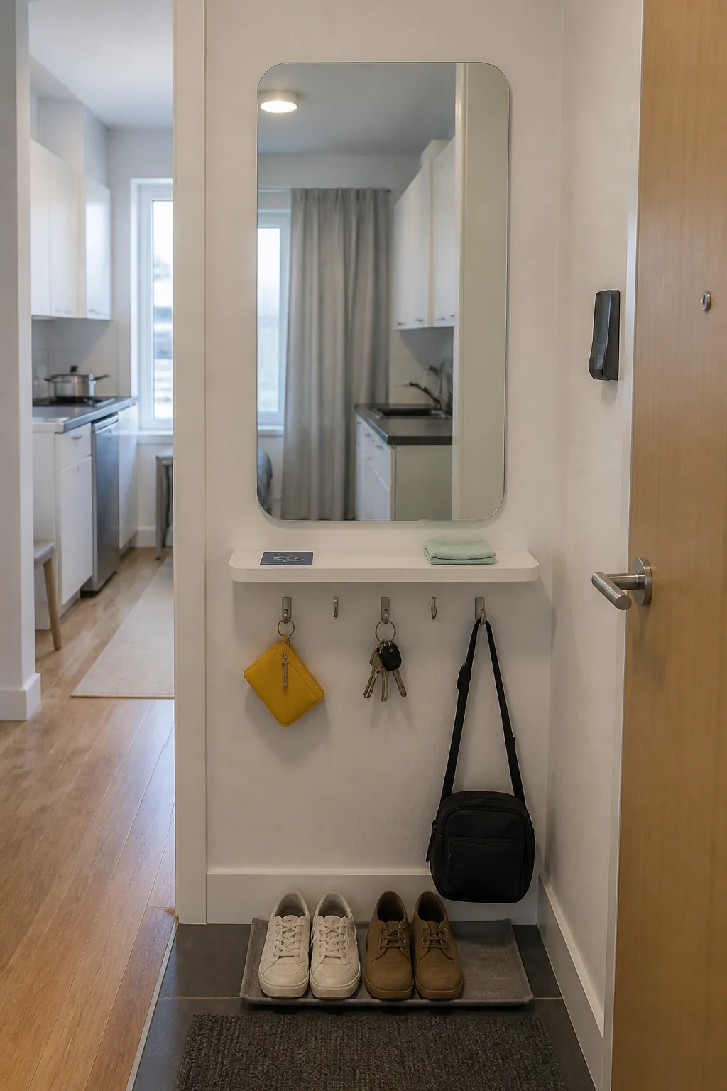 Minimal frameless mirror in a compact functional entrance