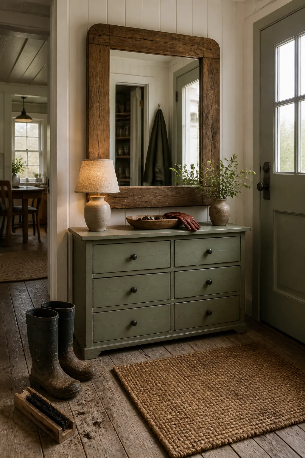 Vintage wood mirror in a practical farmhouse style entryway