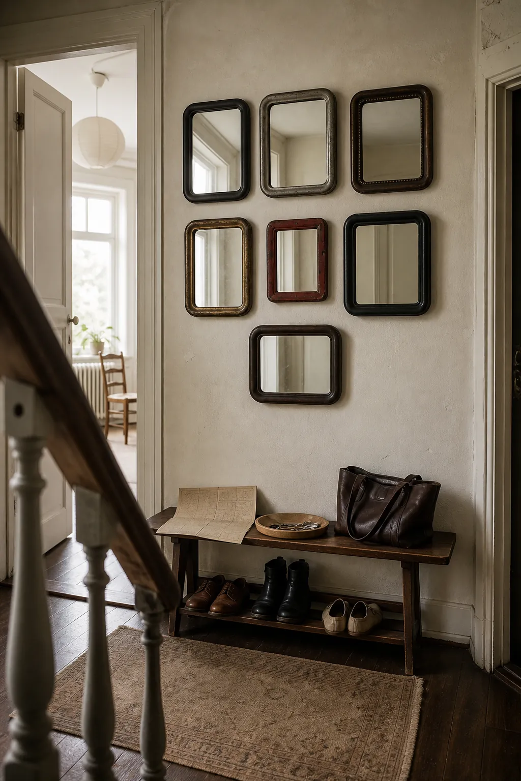 Collected gallery of small vintage mirrors in an entryway