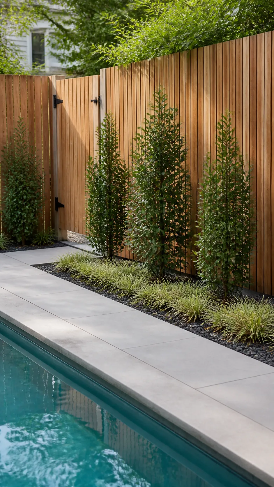Simple privacy screen softened by one row of easy-care poolside plants