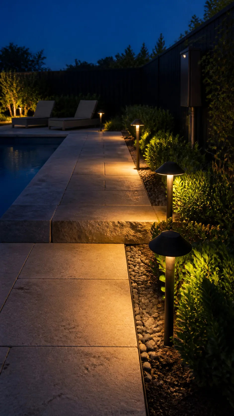 Warm low-voltage path lighting in a low-maintenance pool landscape