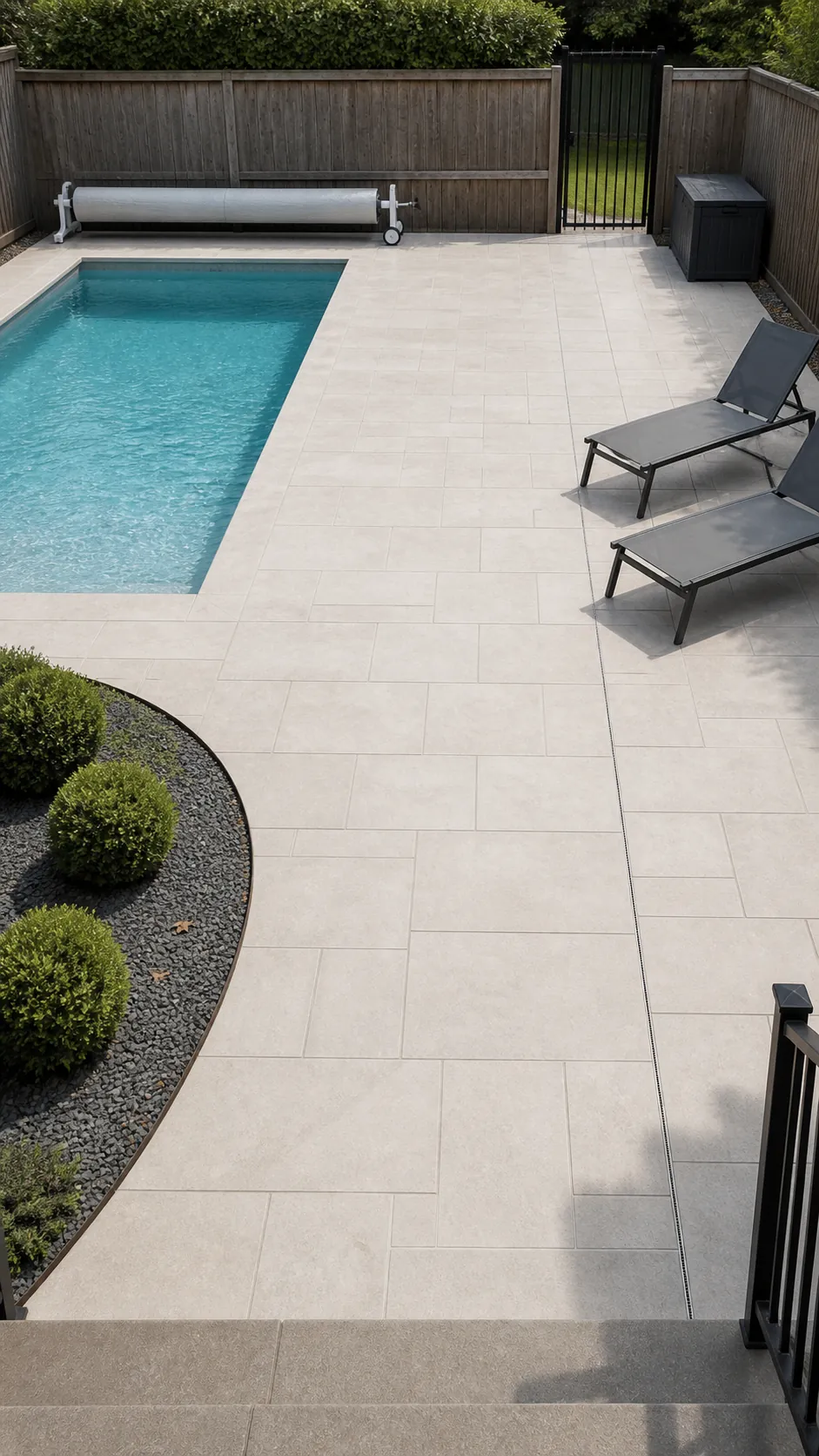 Uncluttered pool deck with intentional open space and restrained planting