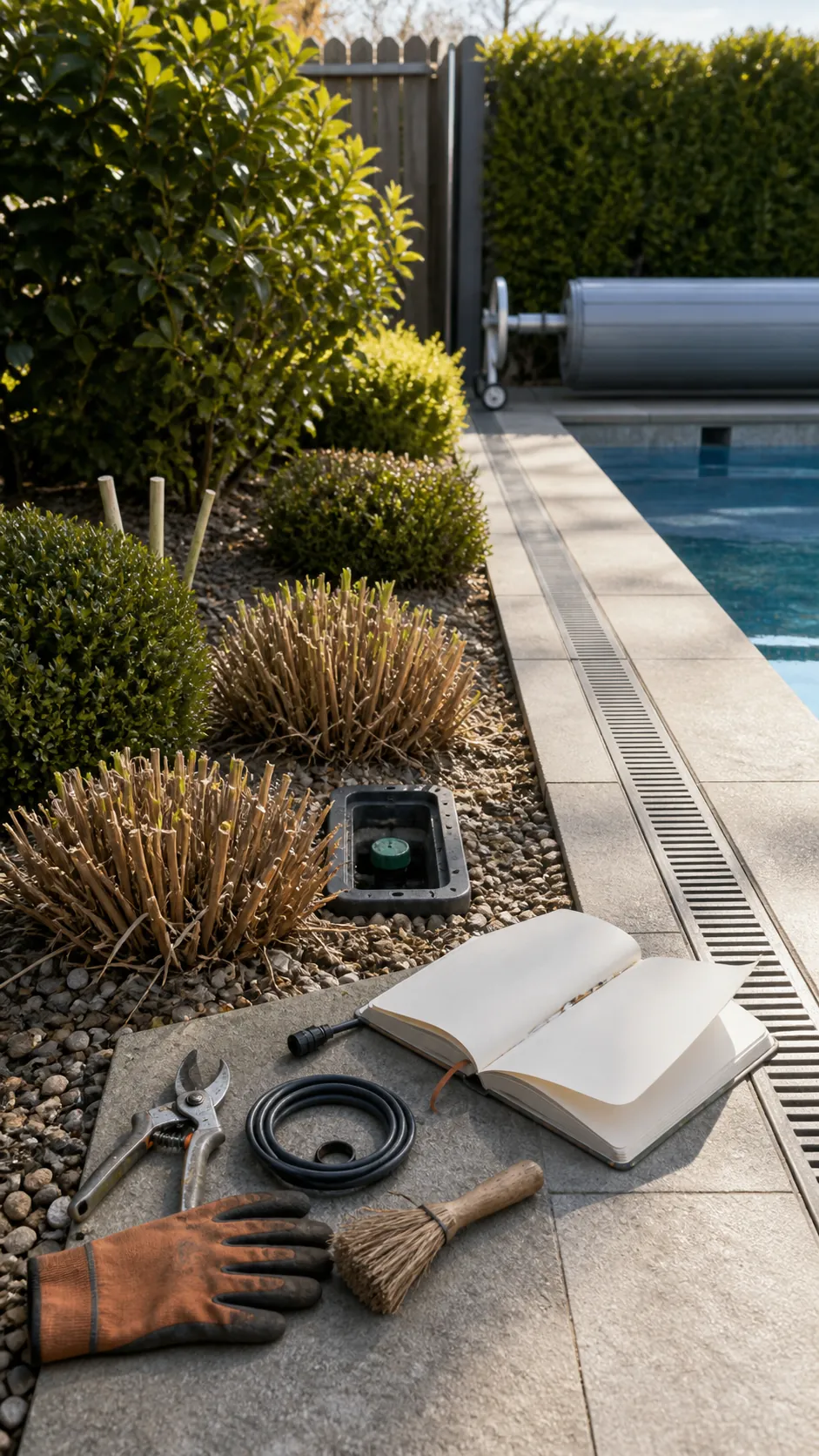 Organized low-maintenance pool landscape prepared for a simple seasonal reset