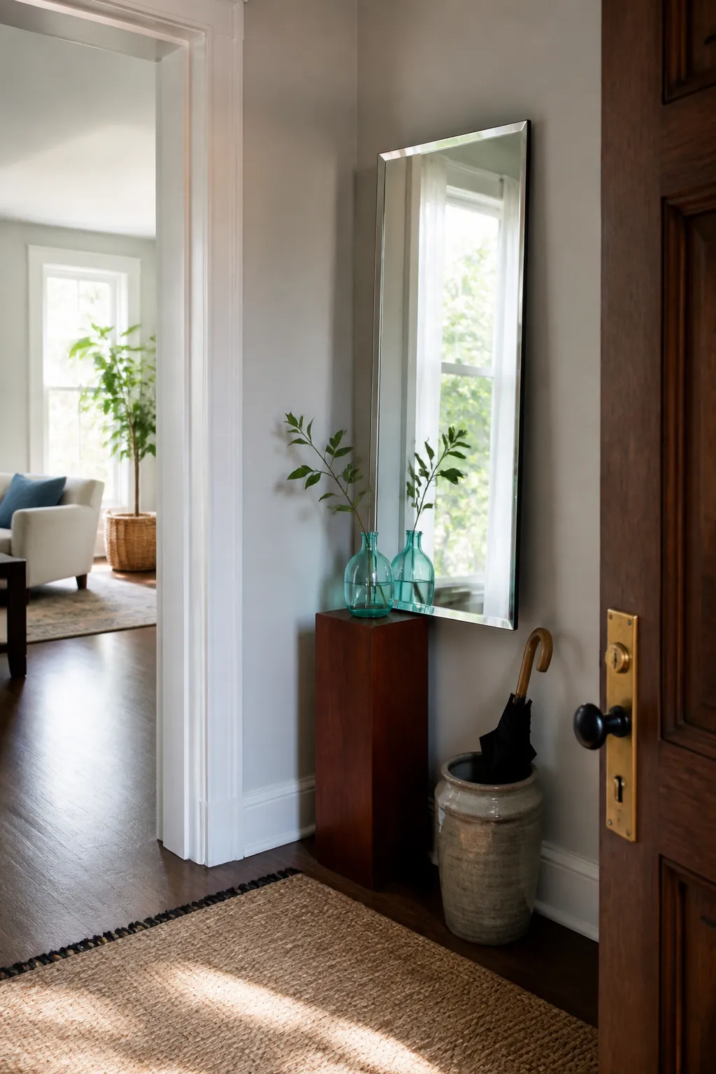 Entryway corner mirror positioned to reflect soft natural daylight