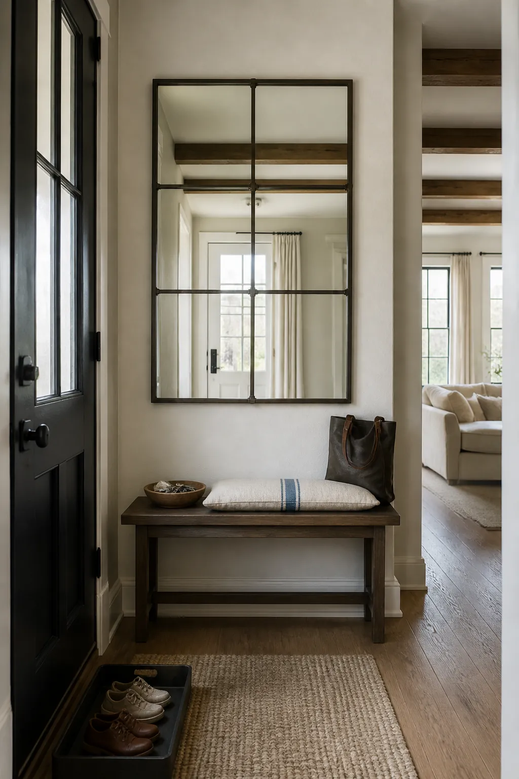 Large paned mirror creating an interior window effect in a hallway