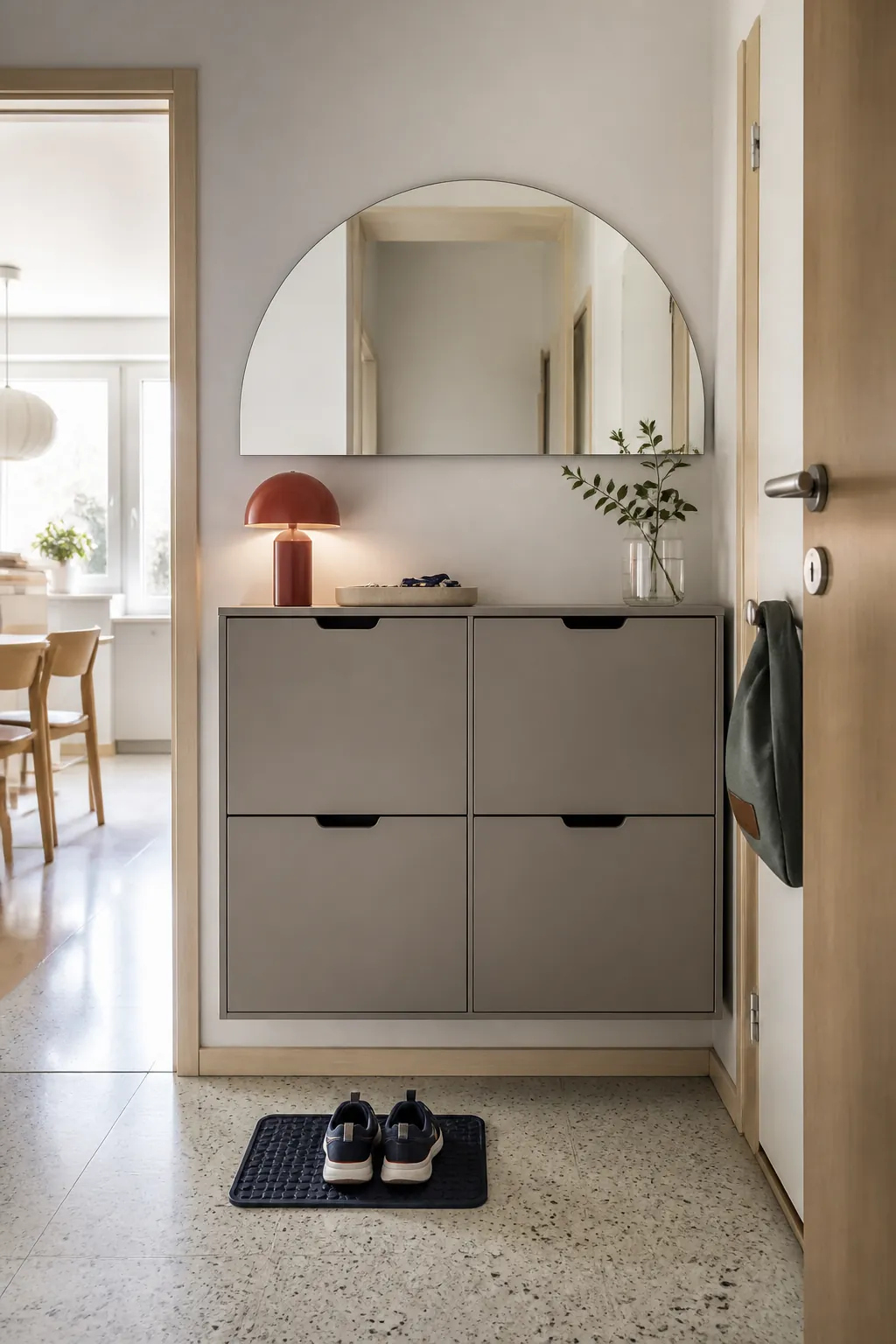 Half-moon mirror mounted above a slim entryway shoe cabinet