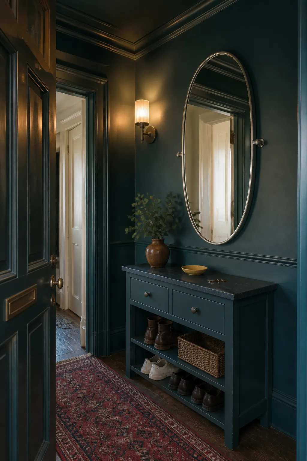 Oval mirror on richly color-drenched entryway walls