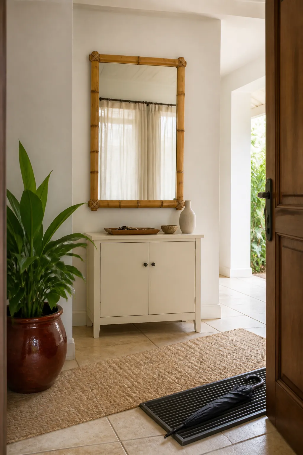 Bamboo framed mirror with restrained botanical entryway styling