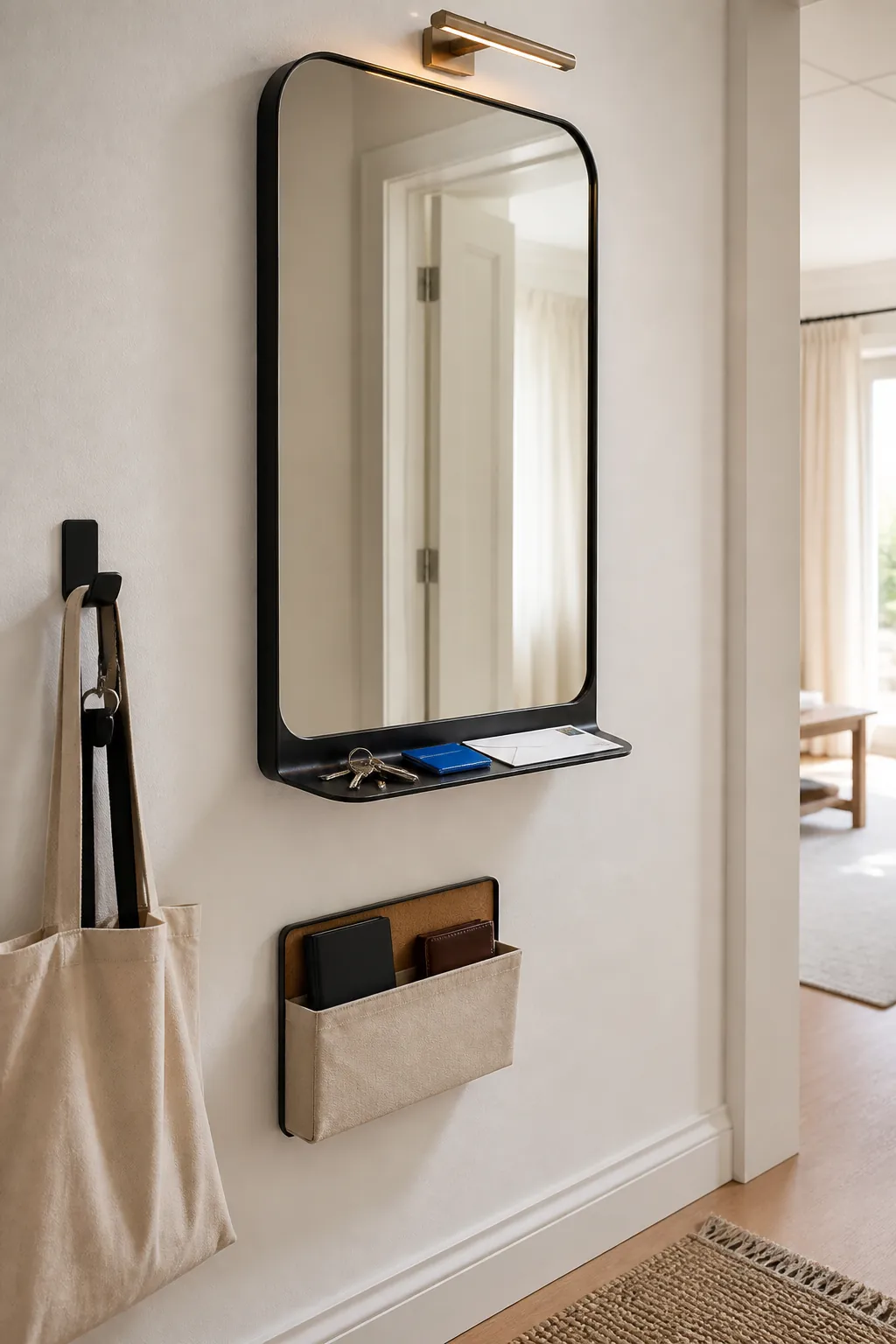 Shelf-integrated mirror creating a renter-friendly entry drop zone