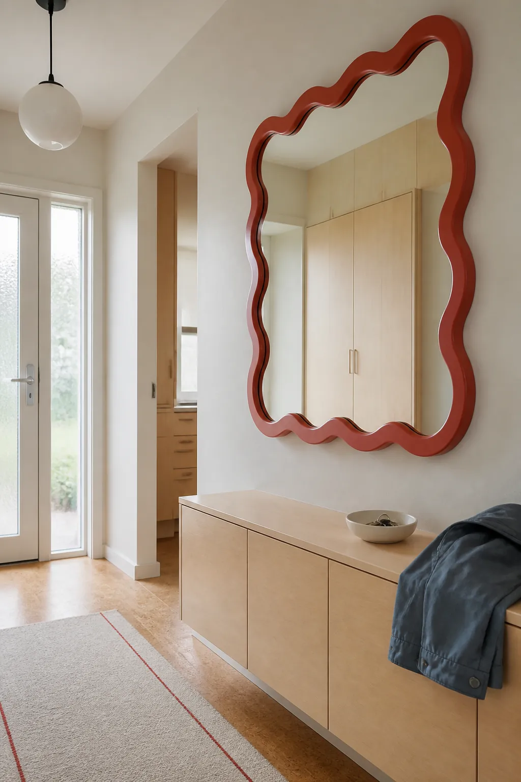 Wavy mirror adding playful character to a modern entryway
