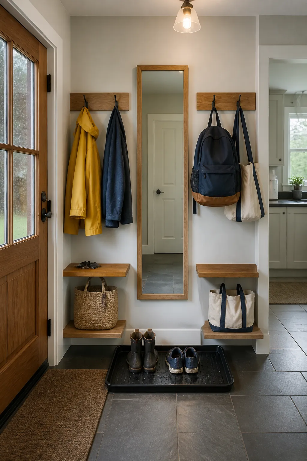 Tall entryway mirror organized between two wall hook zones