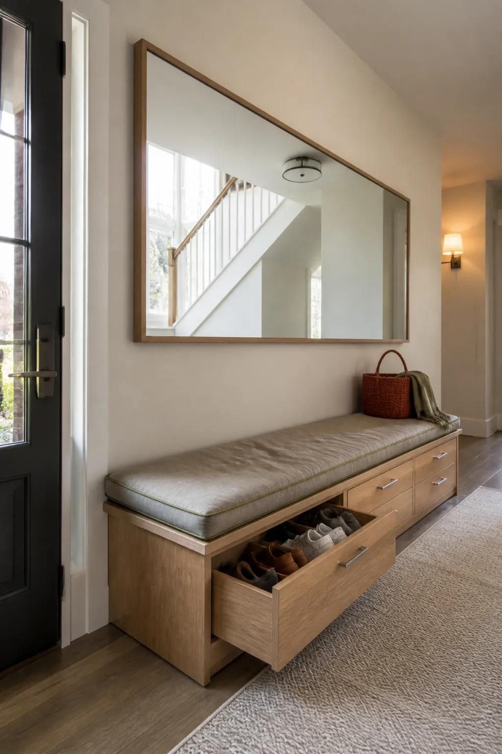 Wide entryway mirror above a family storage bench