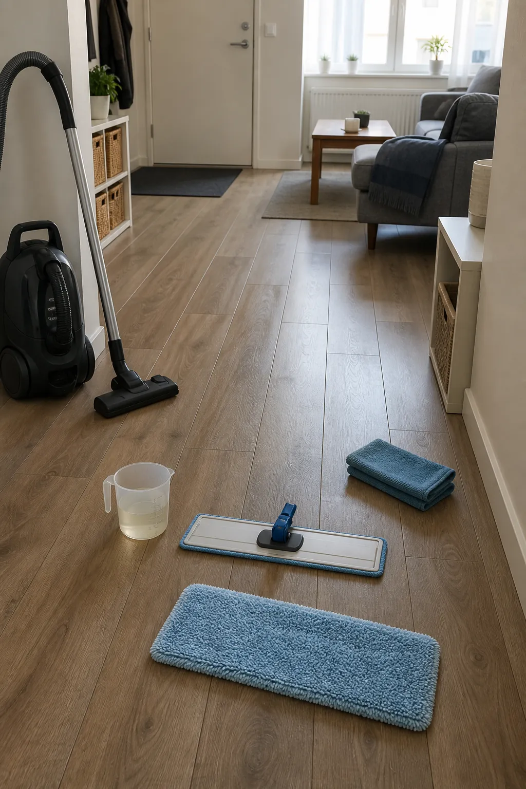 Safe floor cleaning tools arranged in a clean compact home
