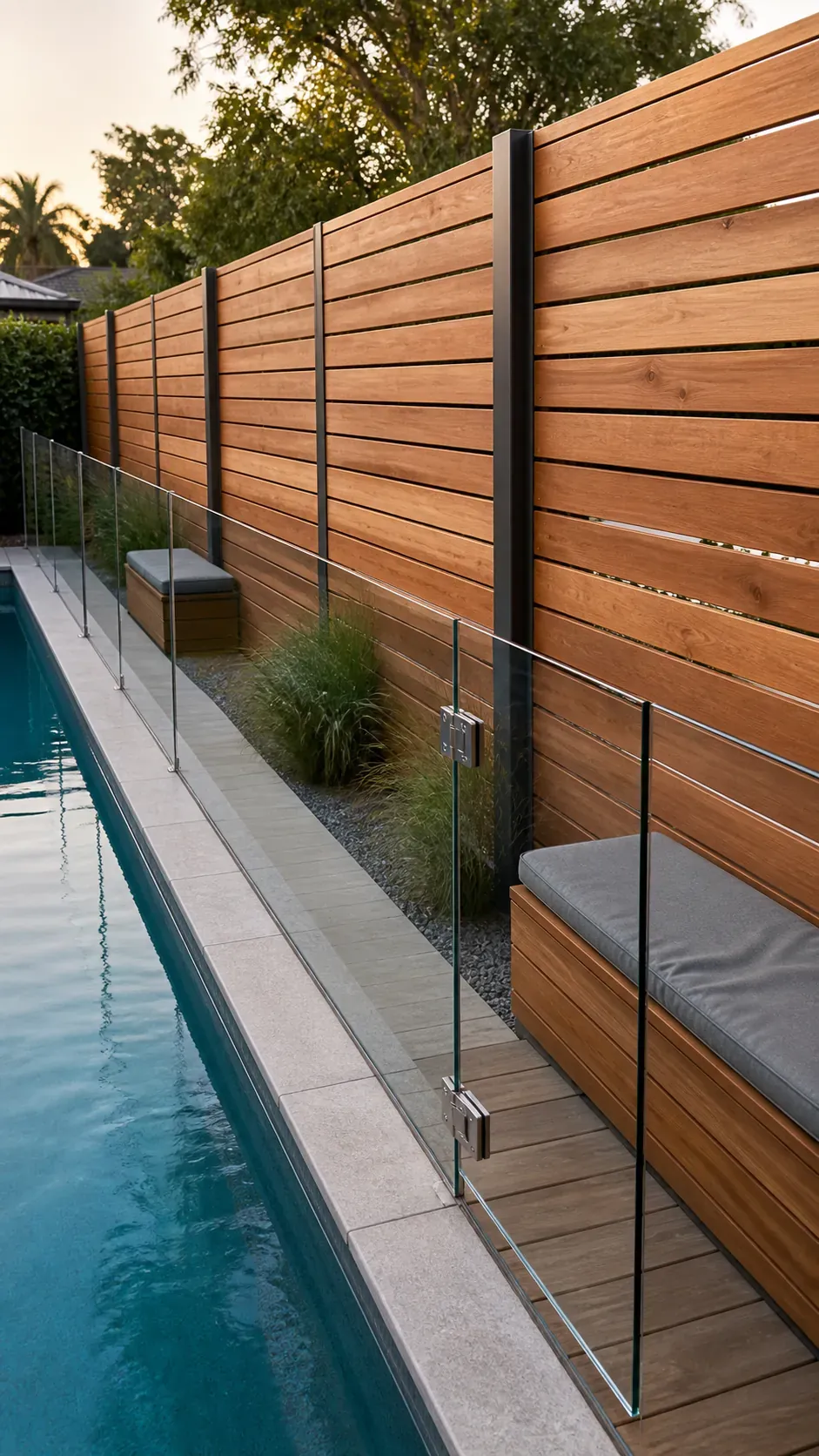Warm horizontal slat fence providing stylish pool privacy