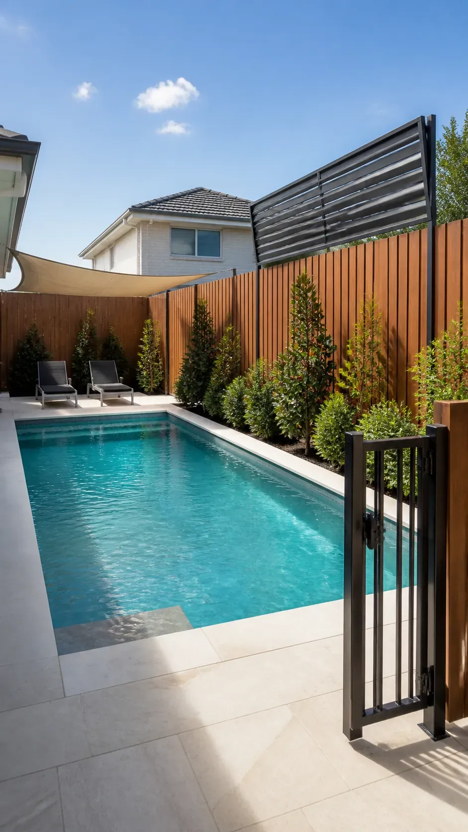 Private backyard pool layered with warm slatted screens and evergreen planting