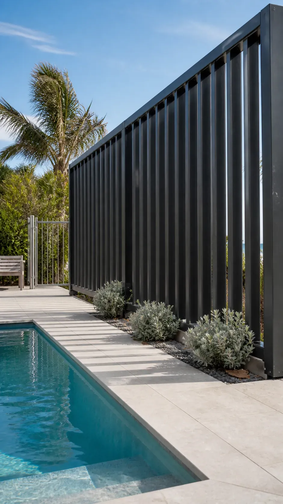 Angled louver screen blocking a side view while admitting poolside airflow