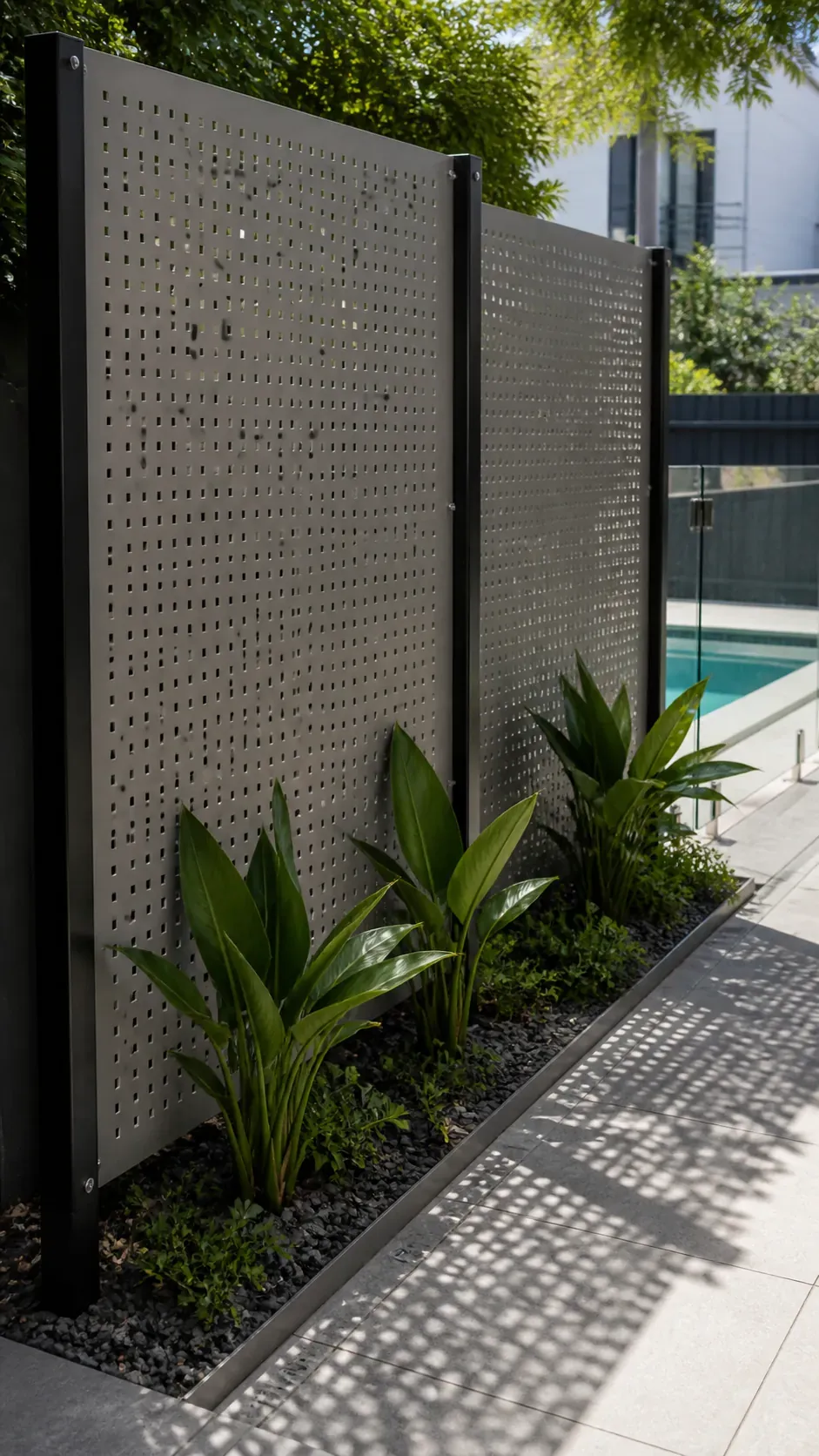 Perforated metal pool privacy screen softened by restrained greenery