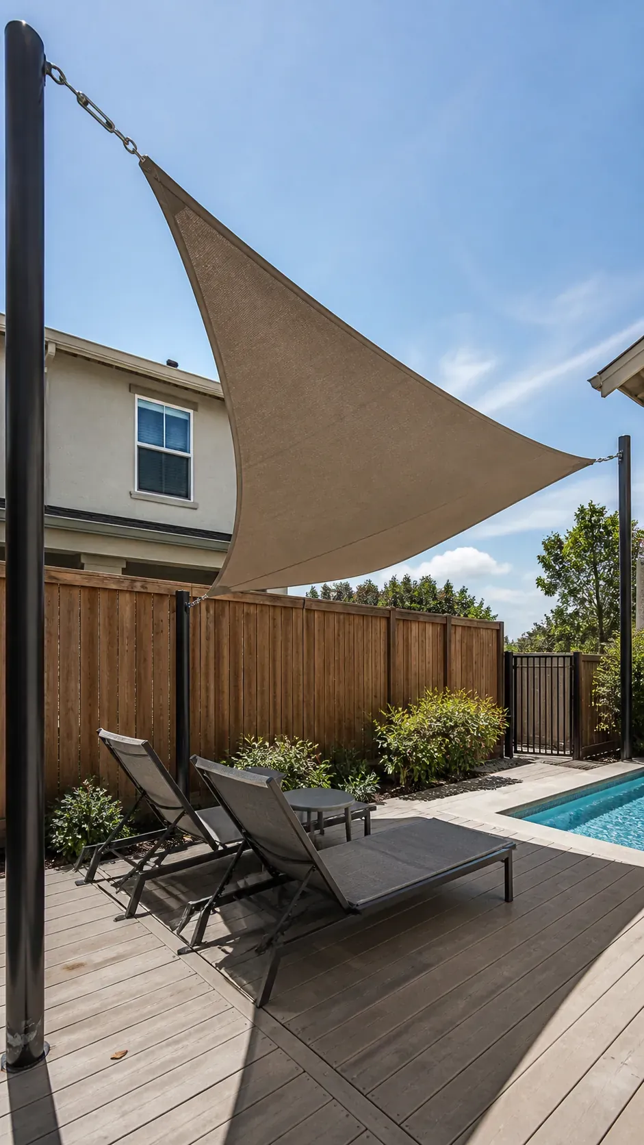 Angled shade sail blocking an elevated view over a backyard pool