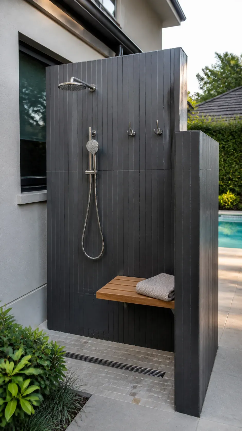 Outdoor shower wall creating a private changing corner beside a pool