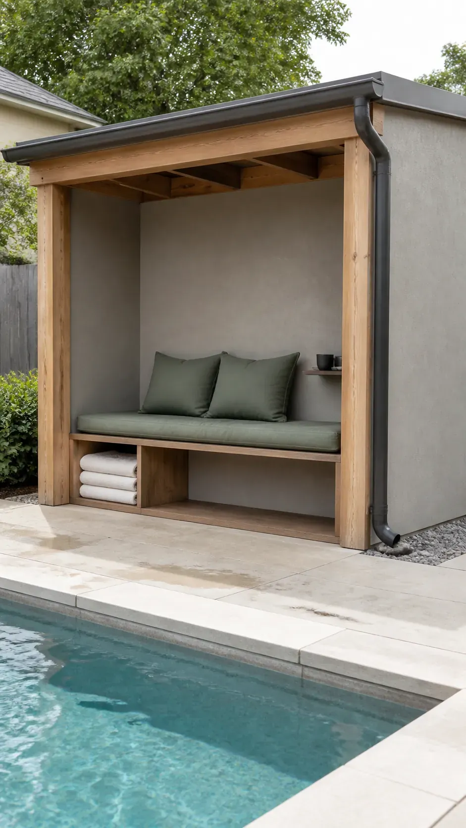 Compact open-front pool cabana shielding a private seating zone