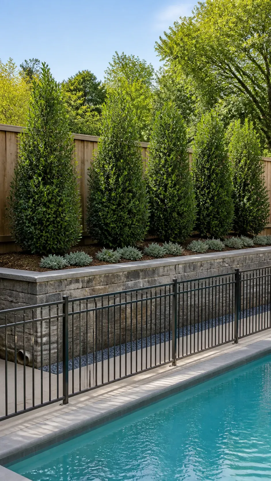 Raised planter elevating evergreen shrubs for faster pool privacy
