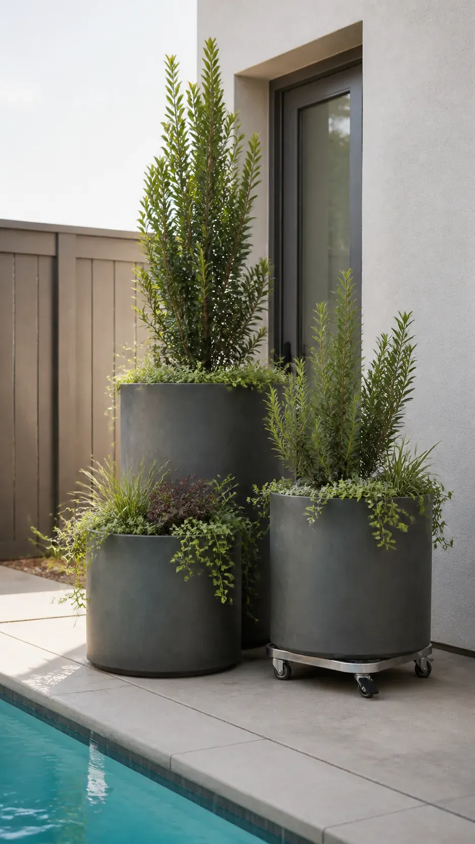 Oversized planted containers providing flexible privacy on a pool deck