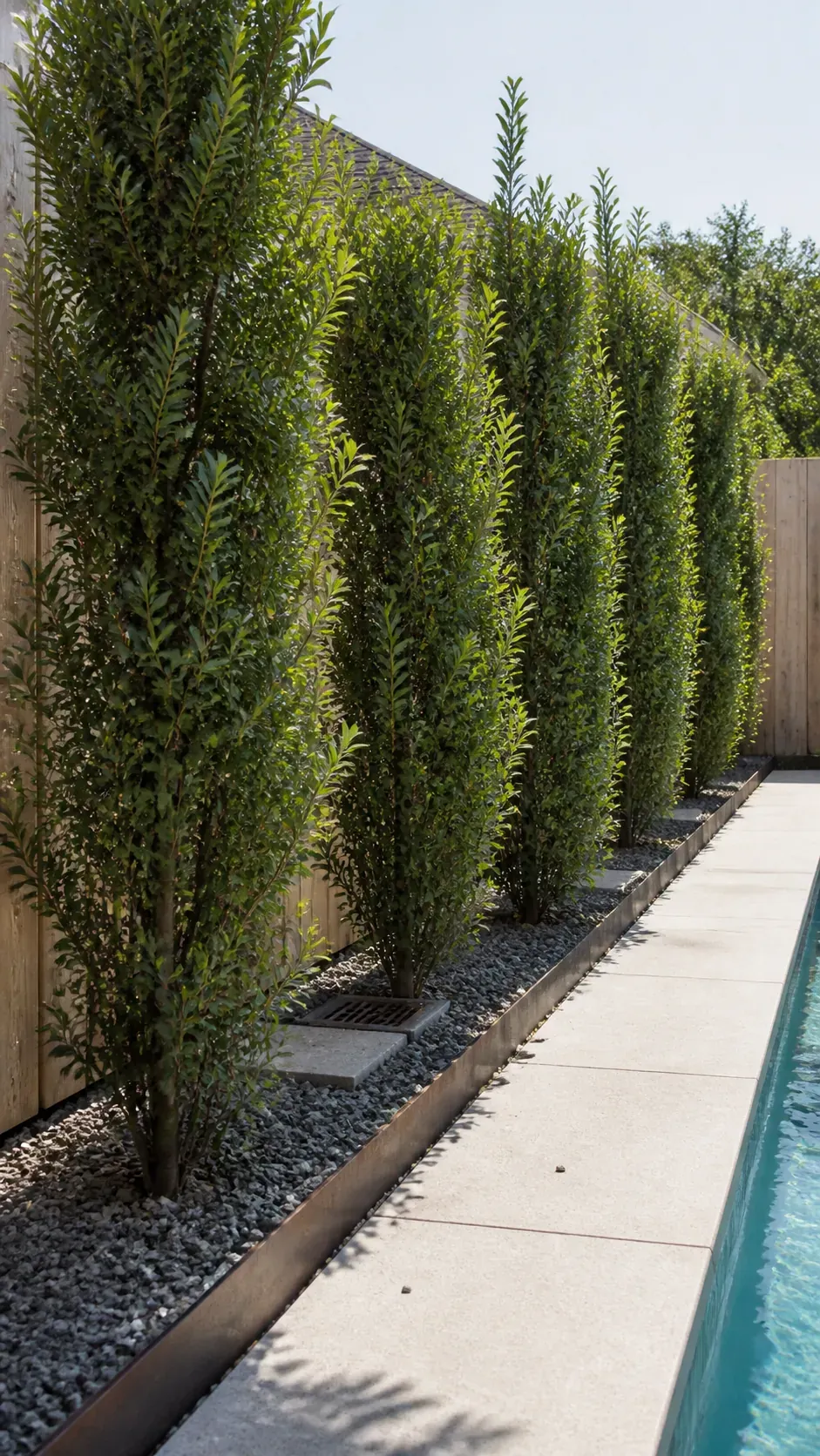 Columnar evergreen shrubs screening a narrow side of a pool