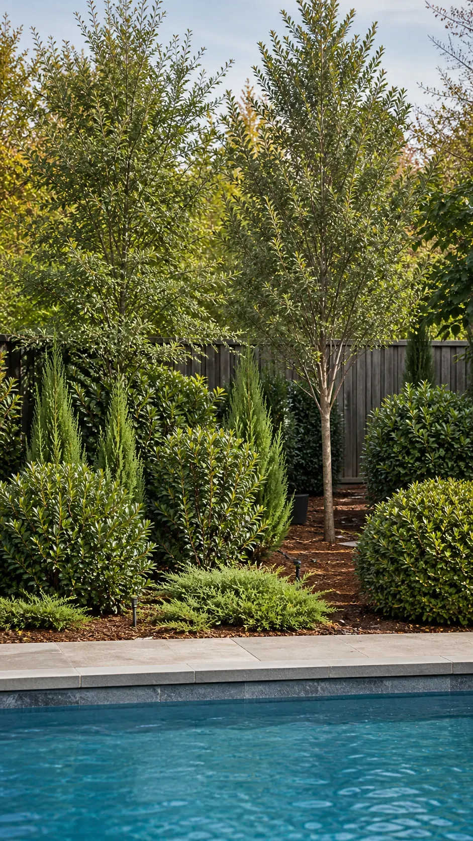 Mixed evergreen trees and shrubs forming resilient pool privacy landscaping