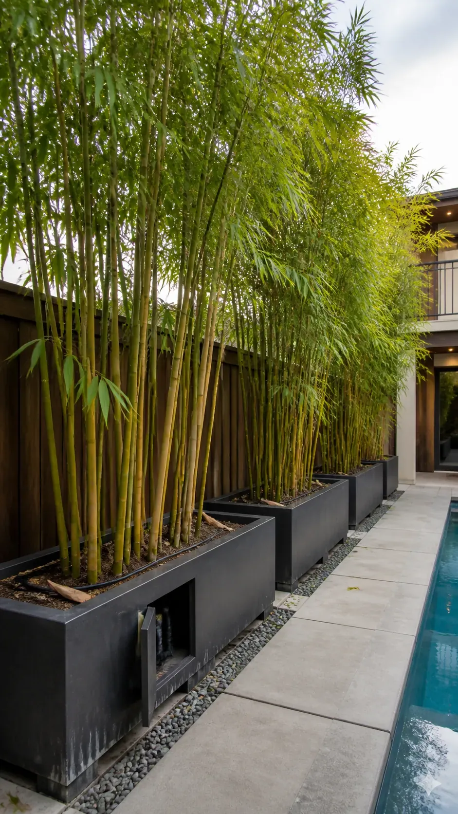 Clumping bamboo contained in reinforced trough planters beside a pool