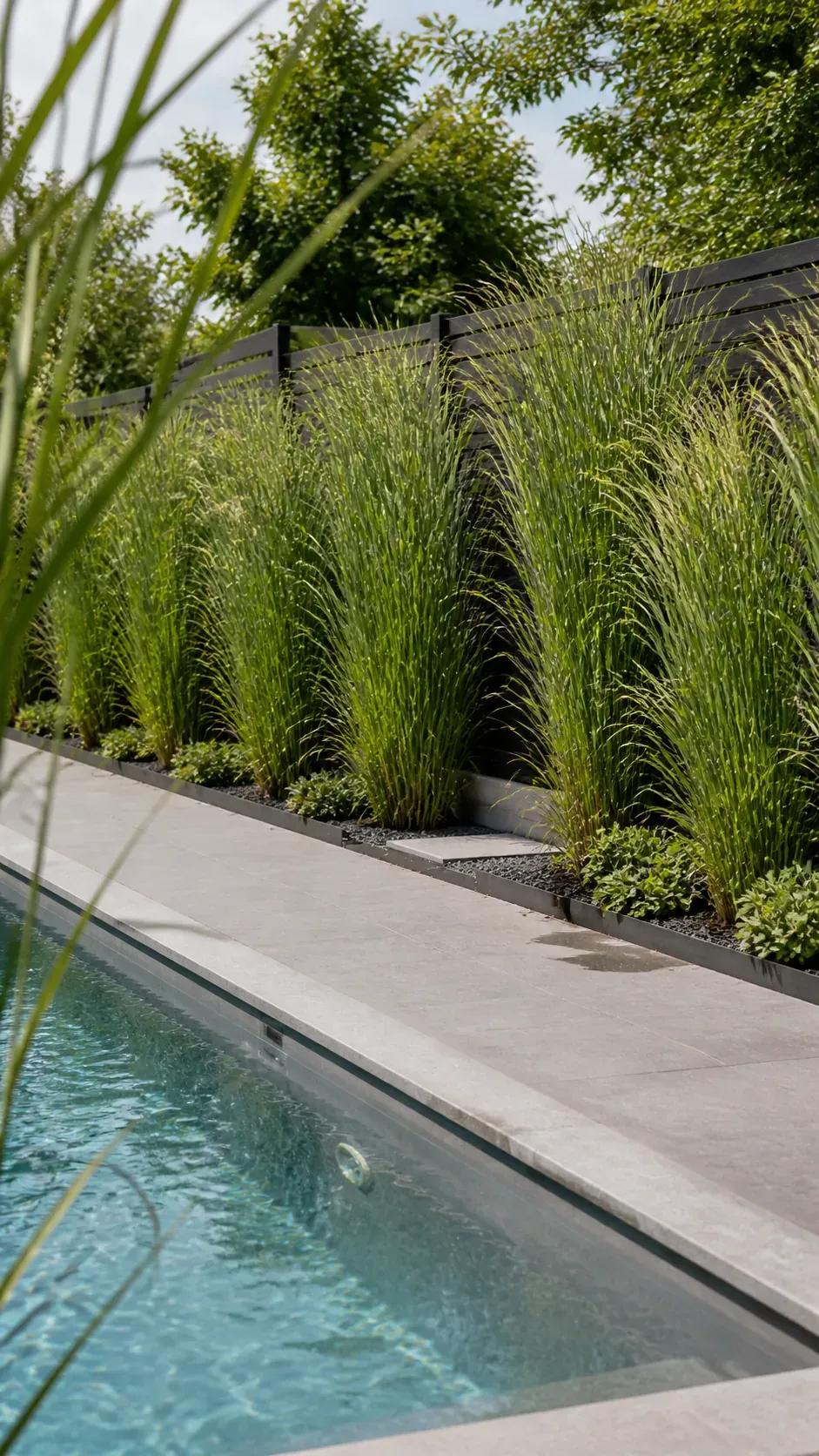 Tall clumping grasses creating soft seasonal privacy beside a pool