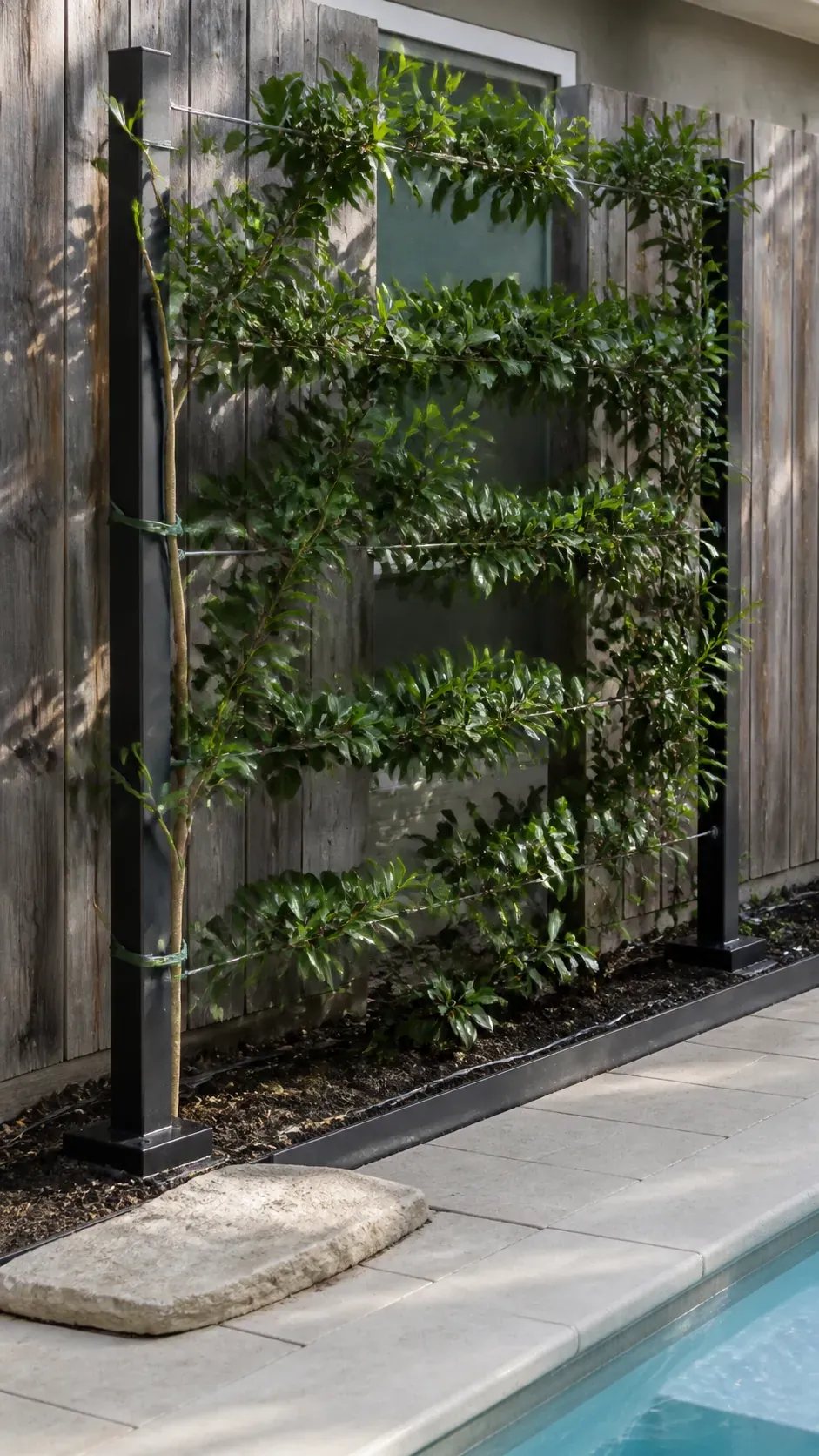 Evergreen vine trained across a freestanding pool privacy trellis