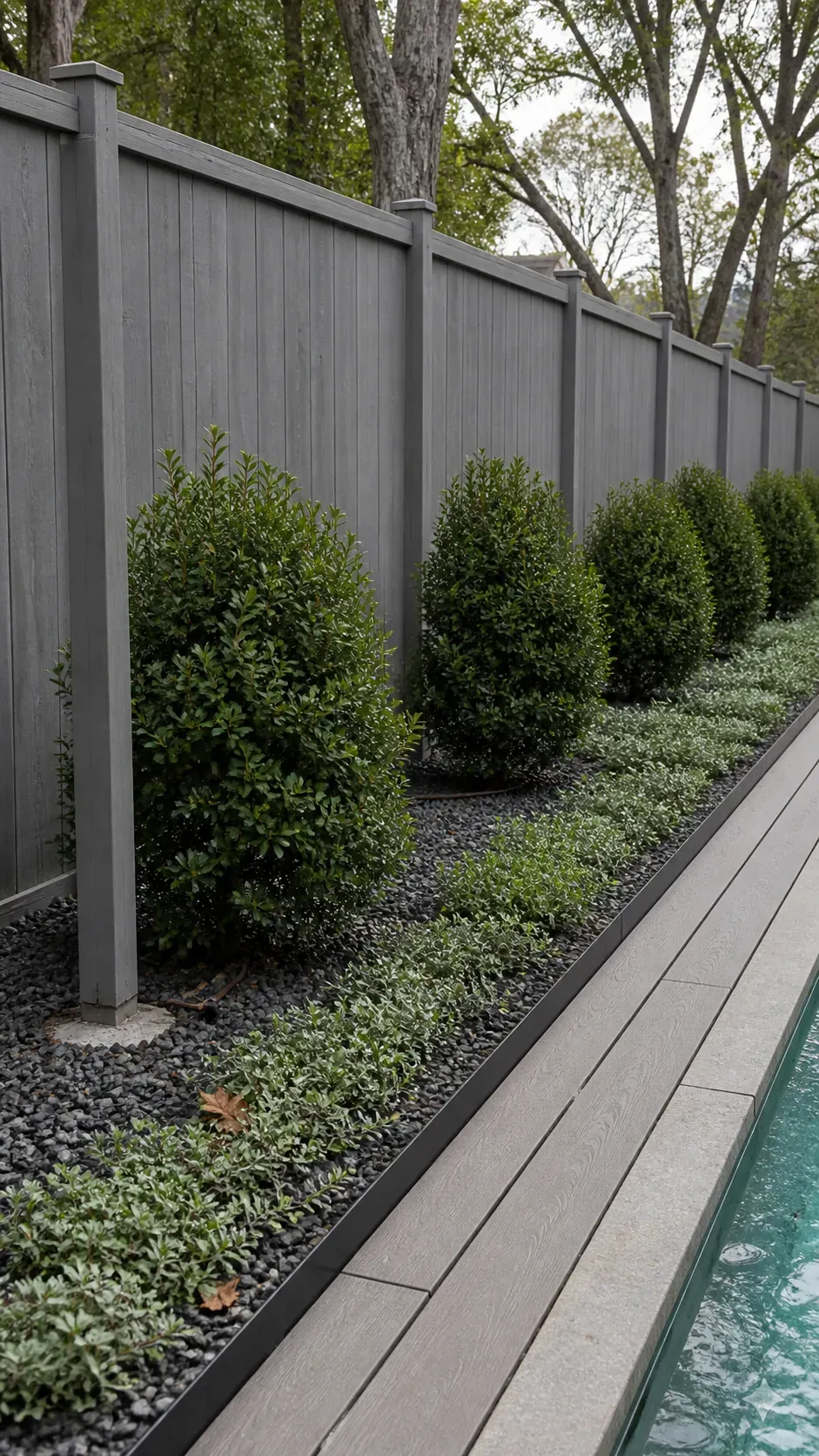 Pool privacy fence layered with shrubs and low groundcover