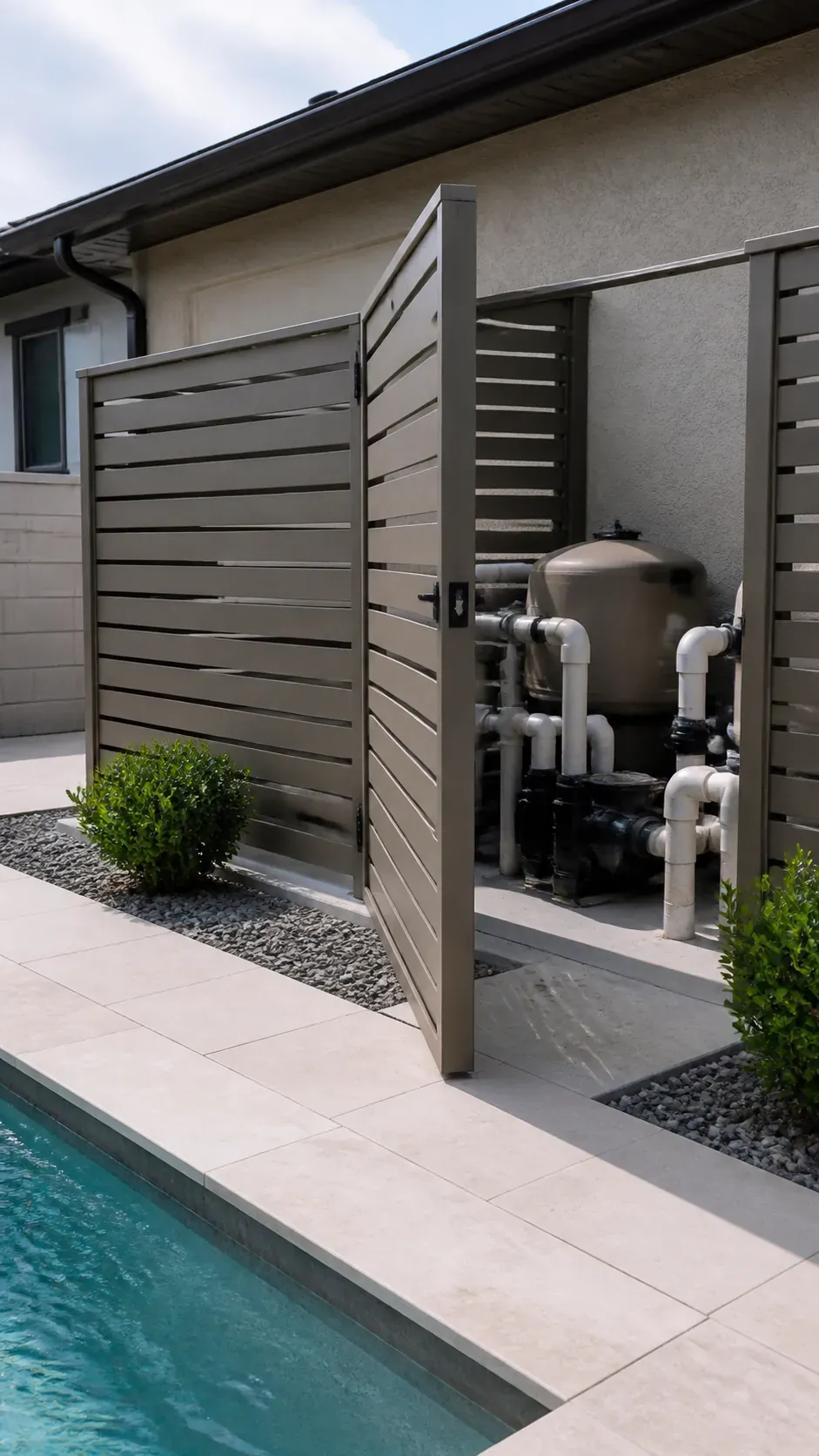 Slatted pool equipment screen also blocking a neighboring sightline