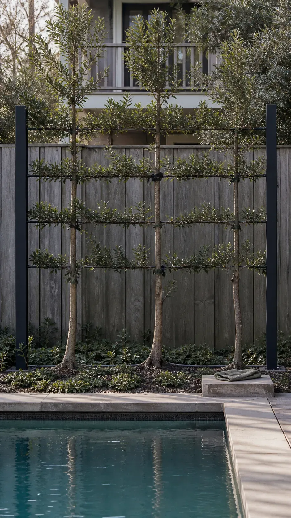 Espaliered small trees forming a thin living pool privacy screen