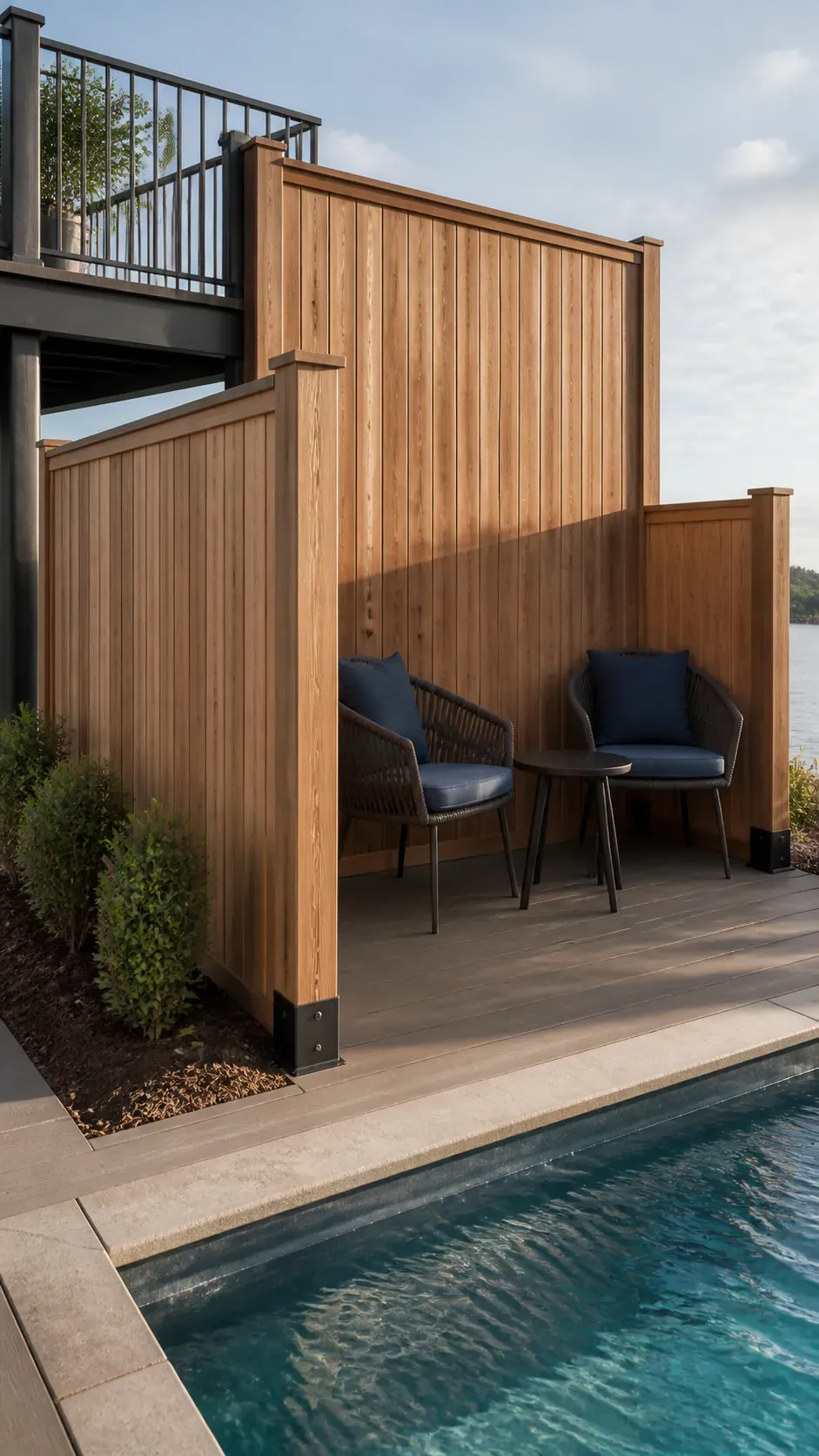 L-shaped privacy screen wrapping an exposed pool lounge corner