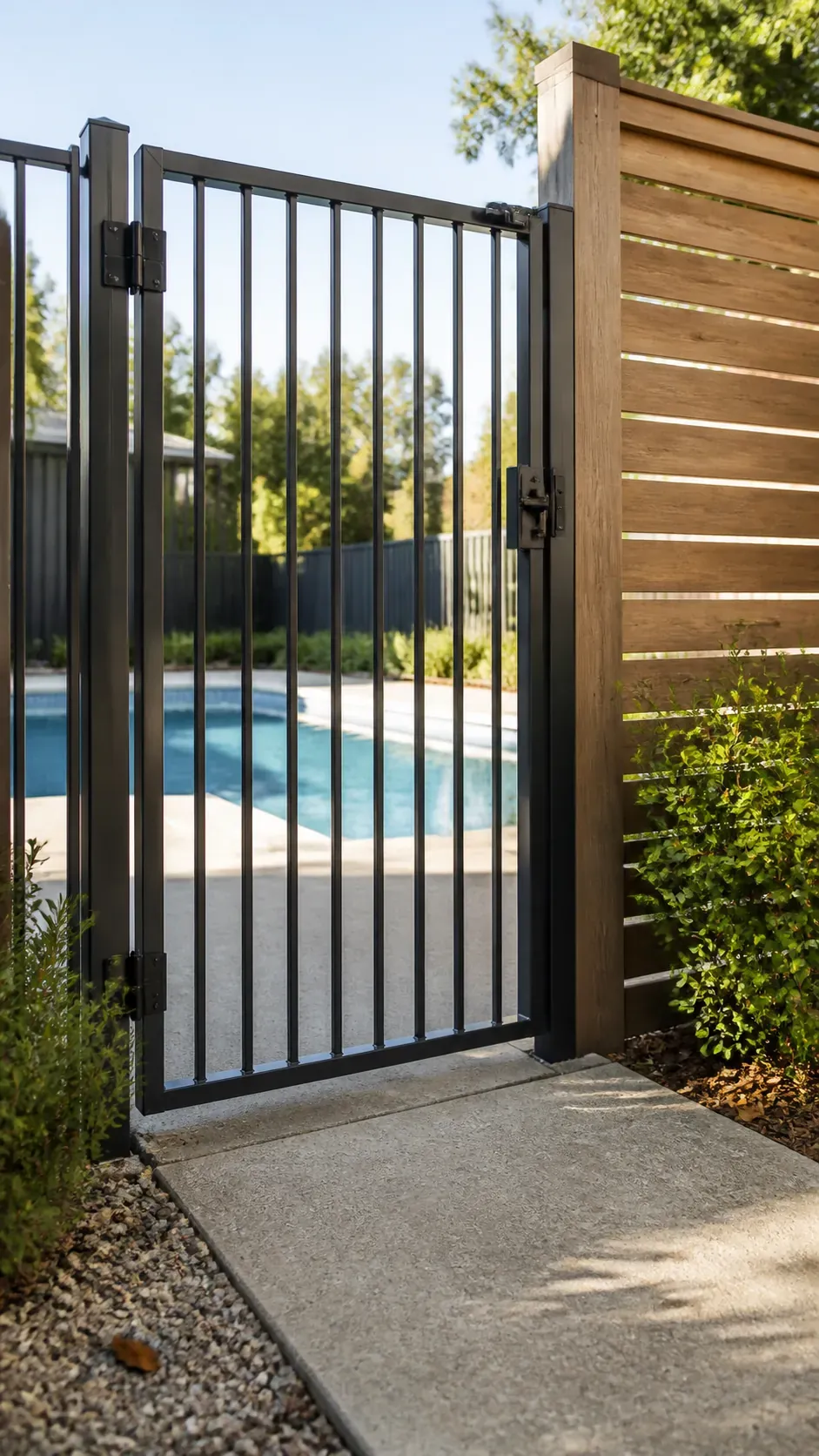 Self-closing pool gate kept visible and unobstructed within a private landscape