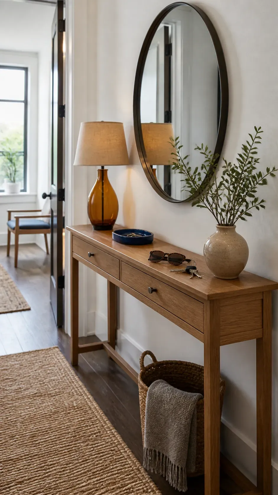 mirror lamp and key tray entryway console table decor