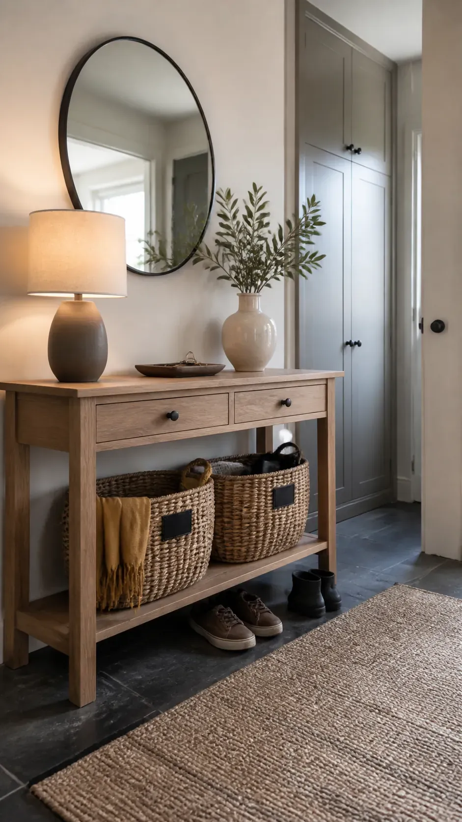 two storage baskets beneath open entryway console