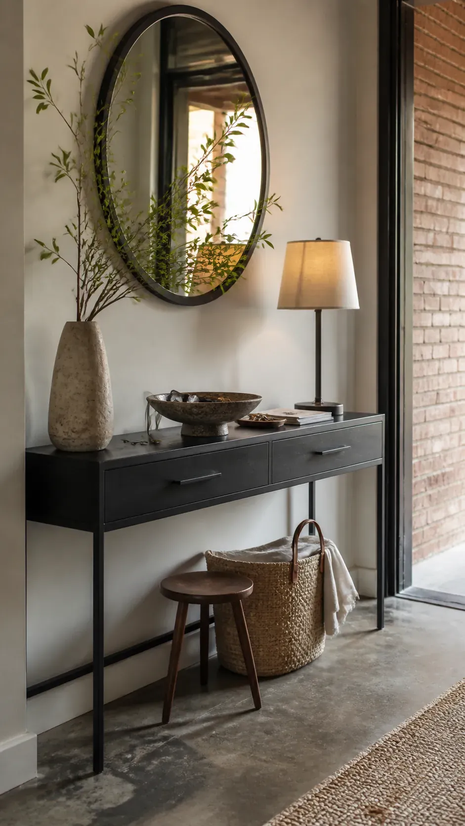 tall branches and low bowl entryway console decor