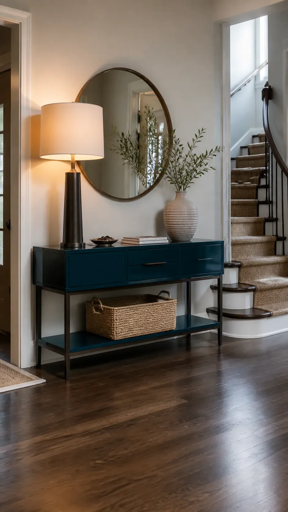 asymmetric round mirror entryway console styling
