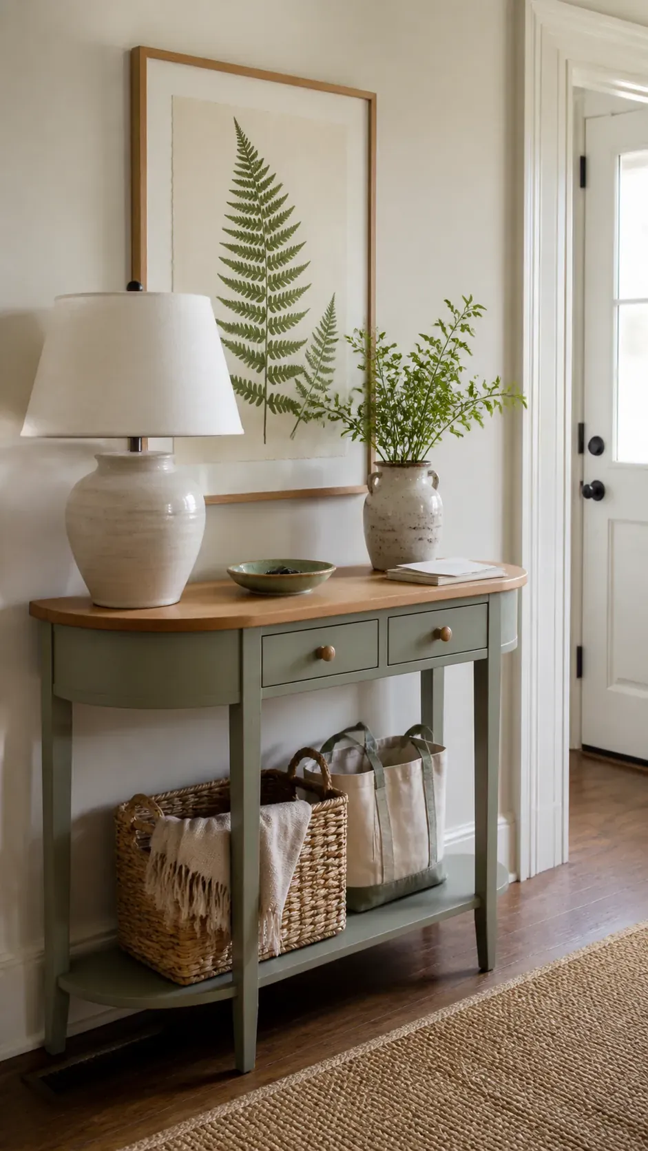 framed botanical study and ceramic lamp on entryway console