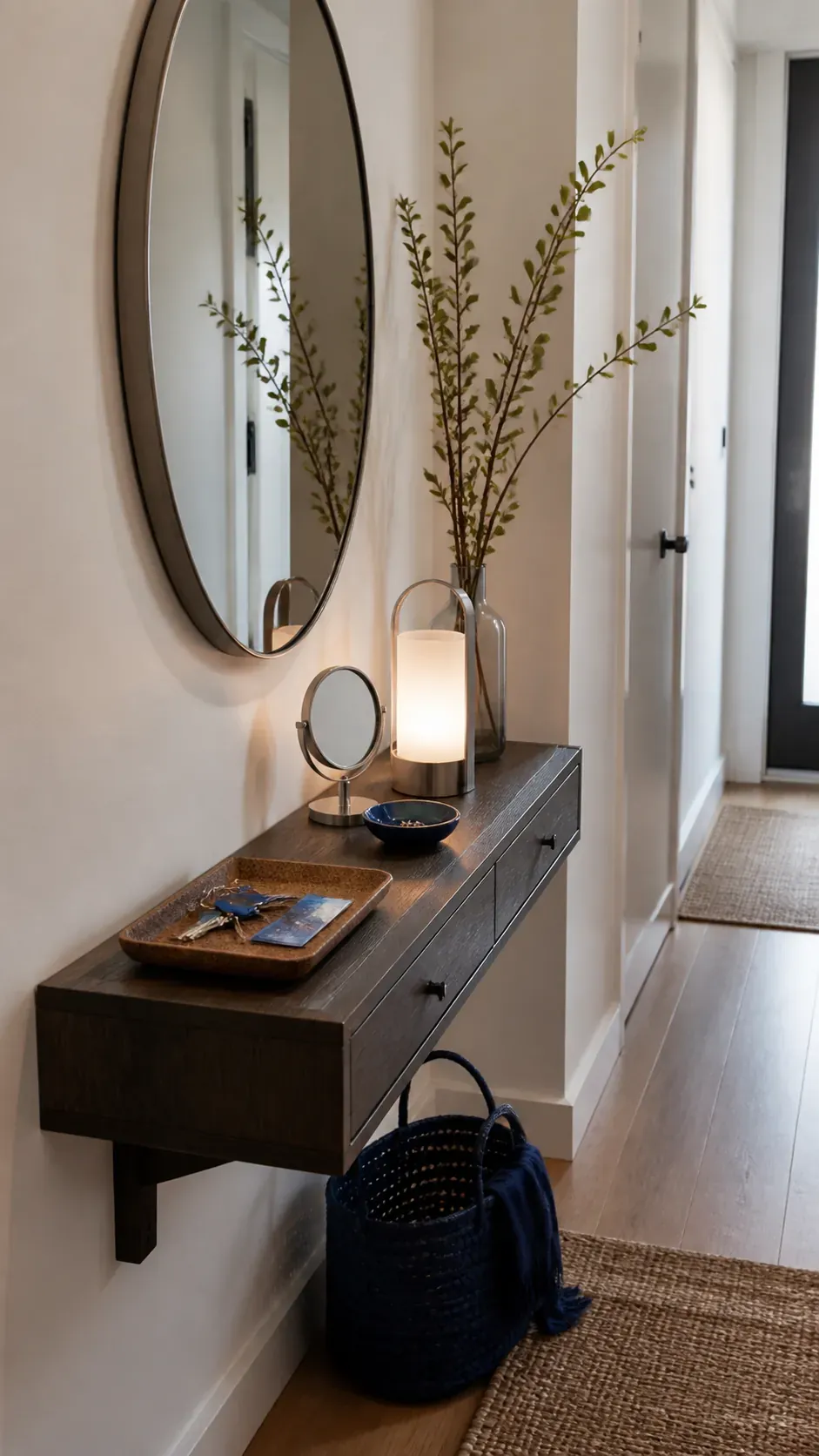 floating entryway console decor in a narrow hall