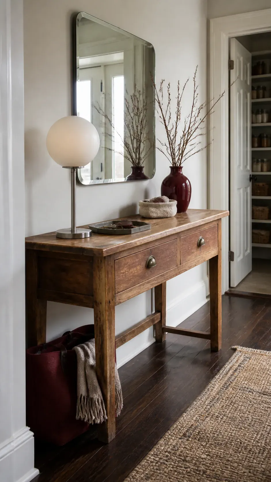 vintage console table with modern entryway accessories