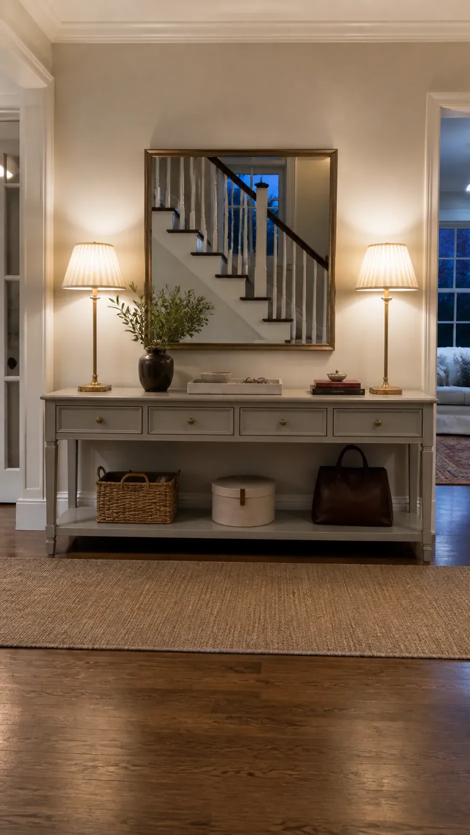 paired lamps styling a wide foyer console