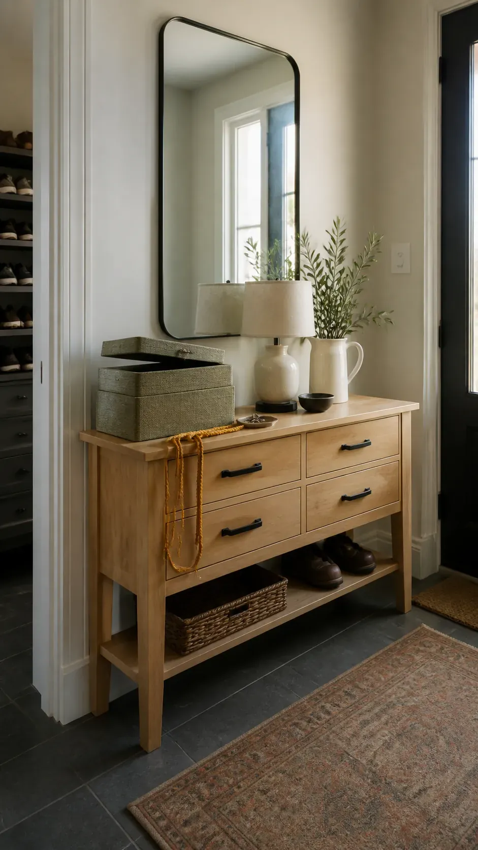 lidded boxes hiding clutter on an entryway console