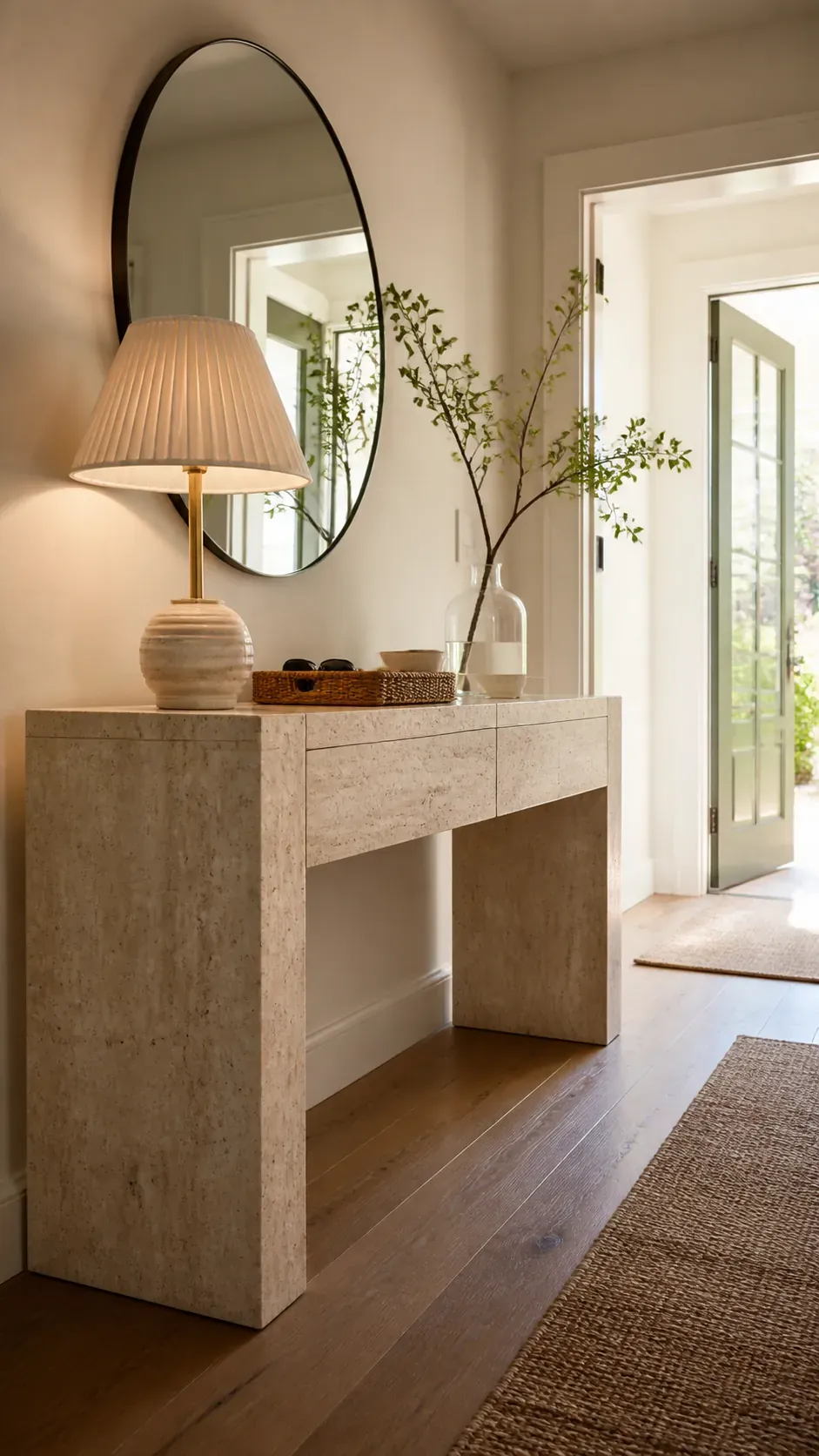 stone console softened with linen entryway decor