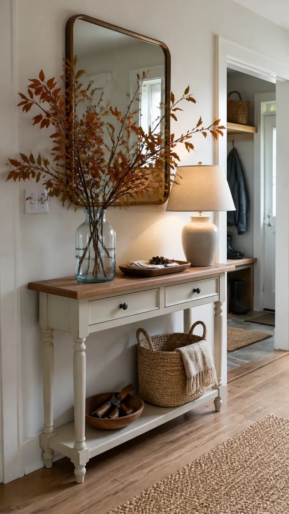 seasonal greenery on an entryway console table