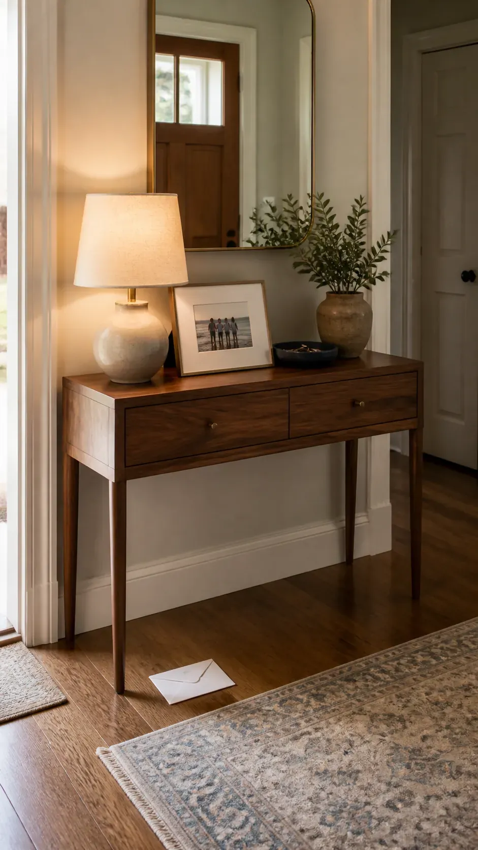 single family photo in restrained entryway console vignette